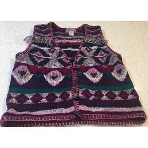 VTG knitSweater S Purple Womens Aztec Vest Toggle KNIT COTTAGE Fringe Southwest